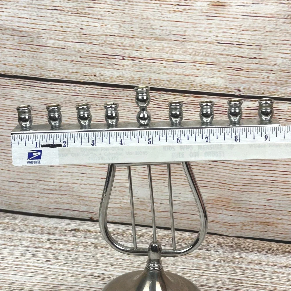 Vintage R.C. Silver‎ Tone Lyre Harp Hanukkah Tilted Menorah Chanukiah